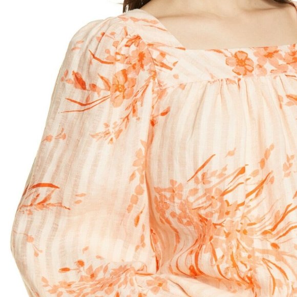 JOIE Cadby LINEN BLOUSE S Floral Island Sunset Square Neck Balloon Sleeves $228 - Picture 6 of 10